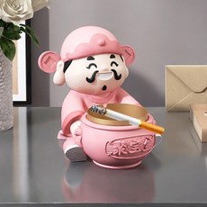 喜慶財神爺煙灰缸 - 家用客廳辦公室桌面擺件 開業喬遷禮物, 財神爺煙灰缸擺件-粉色【高17cm】, 1個