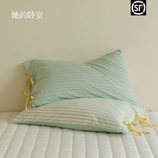 순면 베개 리본베개커버 끈으로 묶는 스타일, 1개, L. 운맹 직조 민트 한 쌍당 48x74cm