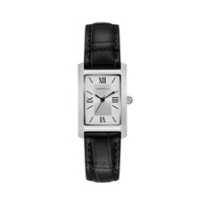 Caravelle Bulova 여성용 드레스 3핸드 쿼츠 시계 직사각형 케이스 로마 숫자 곡선형 미네랄 블랙 스트랩/실버