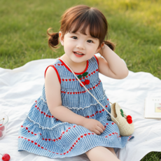몽실이 체리장식 블루체크원피스 가방세트 여아 드레스 여름