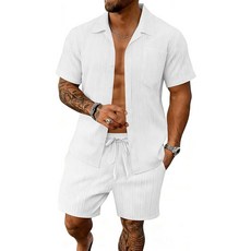 남성용 반바지 세트 투피스 여름 해변 의상 버튼 다운 텍스처 포켓 셔츠 및 반바지 세트 연한 녹색. XXL