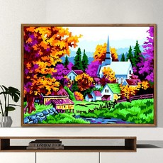 【TangZhen】유화그리기 유화그리기세트 디지털 유화 풍경 지중해 대폭 거실 야색 디지털 채색 손그림 장식화 호숫가 별장, 50*65 이너 2.5cm 두께, 단풍의 고장, 1개