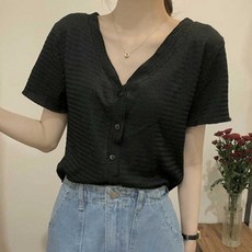 출근 룩 코디 여자 여름 반팔 브이넥 버튼 가디건 쇼핑몰 여성 검정 용 오피스 예쁜