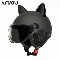 ANYOU 자외선 차단 고글 고양이 귀 안전 헬멧, 자외선 차단 짧은 쉴드+ 블랙+귀마개