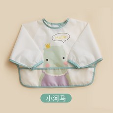 日系寶寶罩衣嬰兒圍兜，長袖防水防油吃飯罩衣，輕薄透氣兒童畫畫圍兜, 1個, 長袖 小河馬,S碼 （6-12個月）