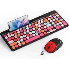 레트로 타자기 무선 키보드 둥근 키캡 2.4GHz 컴팩트 USB 귀여운 및 마우스 콤보 데스크톱 노트북 컴퓨터용, Black-Colorful, Black-Colorful