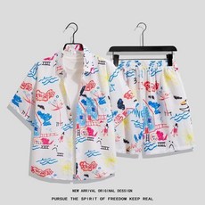 男夏季薄款宽松短袖碎花衬衫夏威夷沙滩服套装