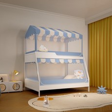 2025新款 子母床蚊帳 1.5m 上下鋪 1.2m 梯形專用 遮光簾 兒童房蚊帳 防掉, 彩虹小窩-藍色【A類帳紗+支架】,【房子上鋪】90*190cm-三開門