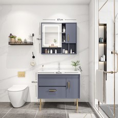 橡木洗臉臺盆櫃智能鏡實木浴室櫃組合 輕奢陶瓷洗手盆地櫃組 浴室收納首選, 輕奢藍智能鏡90全套配件, 1個