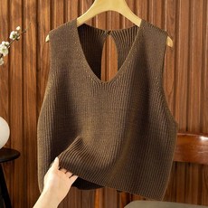 ROYALBELLE 여성 니트 베스트 백리본 루즈핏 레이어드 숏조끼 슬리브리스 탑 U0061806