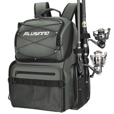 막대 홀더가 있는 PLUSINNO 쿨러 낚시 백팩 45L 대형 방수 태클 남성 아버지를 위한 장비 선물, 그레이 자카드, 1개