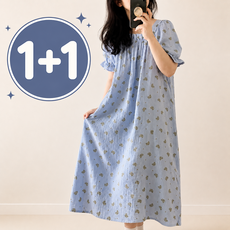 1+1 곰돌이 원피스잠옷 여성 반팔 홈웨어 파자마 빅사이즈 롱원피스 여름잠옷