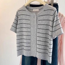 QEWBG 여름 여성 스트라이프 반소매 니트 가디건 데일리룩