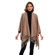 여성용 숄 랩 우아한 니트 케이프 오픈 프론트 판초 스카프 담요 가디건 코트 봄 가을 겨울용 블랙 베이지 2 단일 사이즈 140737, 카키