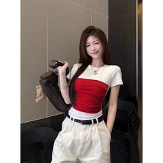 Yellwel 가짜 투피스 반팔 티셔츠 여성 여름 허리 조임 슬림핏 탑 DJP