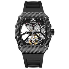 CARLIEN 남성용 패션 오토매틱 스켈레톤 야광 토노 시계 실리콘 밴드 빅 페이스 방수 할로우 캐주얼 쿨 손목 남성용 블랙. 패션 쿨 빈티지