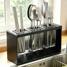 3구 물빠짐 수저통 수저정리함 주방 포크 수저통 깔끔한 정리, 1개, 블랙(자동 물빠짐) 1개, 블랙(자동 물빠짐)