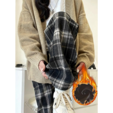 오디린 여성 겨울 체크바지 기모팬츠 와이드 일자핏 보온 데일리룩 캐주얼 팬츠