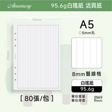 RAYRAYGO PAPERIDEAS【活頁替芯】5種尺寸 6種內頁 80張 白瑤紙 無酸紙 DIY活頁本 標準6孔, 1個, 豎線格【A5】活頁款