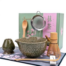 Joyscale 말차 거품기 세트 세트 및 그릇 8피스 키트 세트(질감 디자인) 473.2ml(16온스) 일본 차 애호가를 위한 만들기 선물(모틀 그린) 281696, 얼룩덜룩 한 녹색