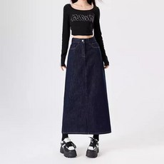 SAHINER 여성 데님 하이웨스트 A라인 롱 스커트 캐주얼 봄가을
