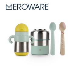 MEROWARE OUTDOOR LILY副食品燜燒罐組 含MATT兒童保溫水壺與GARY矽膠學習湯匙 外出用餐保溫保冷, 1個, 檸檬黃+薄荷綠,橄欖綠+薄荷綠, 檸檬黃+薄荷綠, 270ml