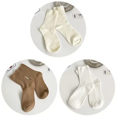 스카이콩콩3쌍 여성용면 양말 캐주얼 하라주쿠 레트로 솔리드 컬러 화이트 패션 크루 튜브 롱, 01 EUR35-40(US 5-8), 06 Cremy Khaki White