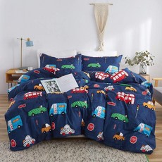 LAMEJOR 네이비 블루 이불 커버 세트 퀸 사이즈 만화 자동차 패턴 호텔 럭셔리 소프트 침구 세트 이불 커버 세트(이불 커버 1개 + 베개 커버 2개)