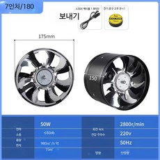 양방향 욕실 환풍기 주방 배기팬 덕트형 강력 조용한 교체용 5인치 2m 케이블, 18_7인치 블랙 망 리턴밸브 없음