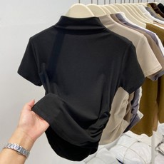 BROWMODA 여성용 하프넥 사이드 주름 슬림핏 반팔 데일리 베이직 티셔츠