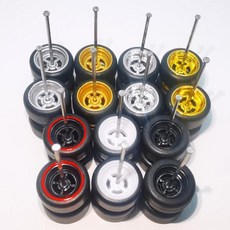 자동차 다이캐스트 미니어처 자동차 다이캐스트 미니카 자동차 다이캐스트 모형 7세트 1/64 휠 1/64 스케일 휠(시뮬레이션 고무 타이어 포함) 및 7가지 색상의 림 대부분, 4 Spokes