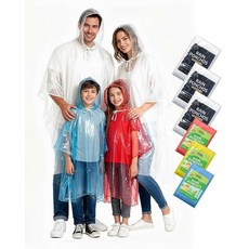 Hitituto Rain Ponchos 가족 팩 - 어린이 및 성인용 일회용 판초 드로스트링 후드 방수 경량 통기성 투명 다양한 색상 여행 테마 파크용 비상 우비 12