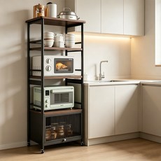 이동식 주방 수납장 전자레인지 스탠드 밥솥 부뚜막 바퀴 선반, 블랙60*38cm, 5단
