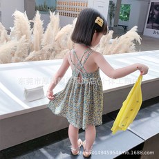 DIU 女童連衣裙夏季露背吊帶公主裙洋氣寶寶夏裝兒童雪紡碎花沙灘裙子