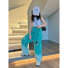 女童破洞牛仔褲闊腿褲2024新款：漸變破洞、時尚帥氣、夏季個性童裝