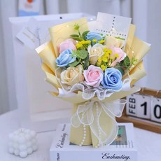 장미 꽃다발 부케 시들지 않는 꽃 배합 LED 라이트 및 쇼퍼백, 푸른핑크노란 장미