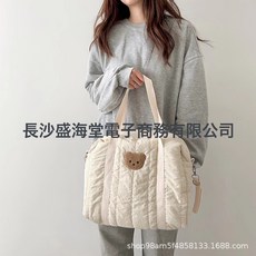 ins便攜外出手提單肩母嬰包嬰兒布袋媽咪包便攜式輕便收納外出包, 1個, 米色熊頭媽咪包(送推車魔術貼掛鉤):34*36