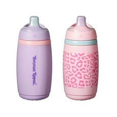 Tommee Tippee 액티브 스파우트 컵 255.1g(9온스) 단열 빨대 컵 실리콘 누출 방지 밸브 및 손잡이 핑크 및 퍼플 2개 팩, 핑크 & 퍼플