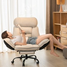 SeekFun 리클라이너 컴퓨터 의자 푹신한 발받침 고급 침대형 예쁜 사무용 사무실 중역 게이밍 의자, 화이트/White