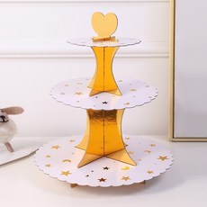 三層蛋糕架點心架：金色歐式點心盤，適用於派對、聖誕，亦可用於壽桃塔拜拜, 1個, 金星星