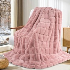 Touchat 럭셔리 1000GSM 인조 토끼털 던지기 담요 소파 침대 소파용 매우 무겁고 따뜻한 아늑한 버블 플러시 퍼지 우아하고 부드러운 가역적인 밍크 거실 침실용 크림, Pink, Throw-50"x60"