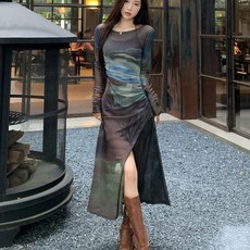 페이준 여성 봄 가을 섹시 트임 긴팔 망사 원피스+이너 나시 원피스 투피스 데일리 통근 A라인 슬림핏 나염 세트 YFB53