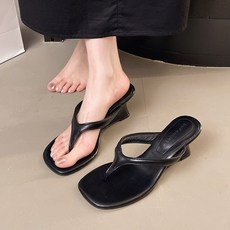 FINE ART 여성 여름 키높이 웨지힐 쪼리 샌들 여성 슬리퍼 스퀘어토 하이힐 데일리 패션 슈즈