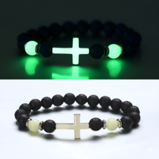 천주교 기독교 십자가 야광 기도 일상 화산석 묵주 팔찌 4종, 1개, 블랙 그린