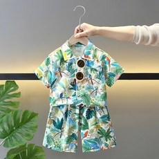 新款可愛童裝 兒童襯衫套裝 20225夏季海邊風花襯衫森係動物上衣複古海邊度假男女兒童外套