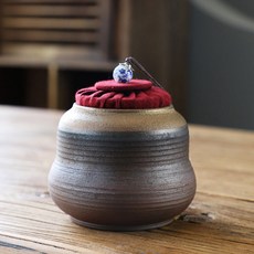 錫蓋粗陶茶葉罐螺紋鎏金茶罐 粗陶陶瓷茶葉罐 手工粗陶儲茶罐 大小號密封儲物罐 茶倉質感顆粒 複古錫, 1個, 鎏金鐵釉茶葉罐-福祿