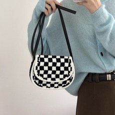 상덕 DIY가방 손뜨개 만들기 망스티치 코바늘 체크 토트백 패키지, 블랙, 1개