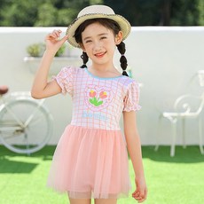 DFMEI 兒童泳衣中小童夏季甜美可愛蓬蓬裙游泳網紗花邊蝴蝶結仙女泳衣裙