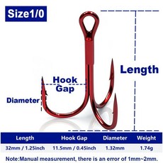피쉬트립 레드 트레블 훅 라운드 바브드 고강 트리플 배스 송어 바닷물용, 5. Size 1-0
