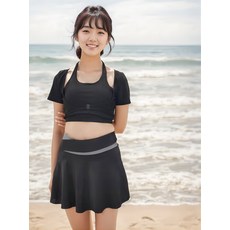 分體裙式運動泳衣短袖女健身沙灘溫泉度假泳裝, 均碼